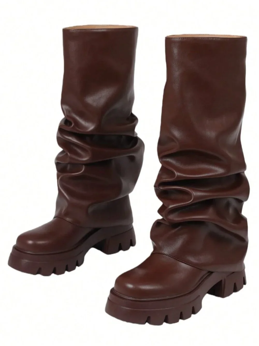 Brown Y2K Women's Platform Slouchy Knee High Slip-On Boots